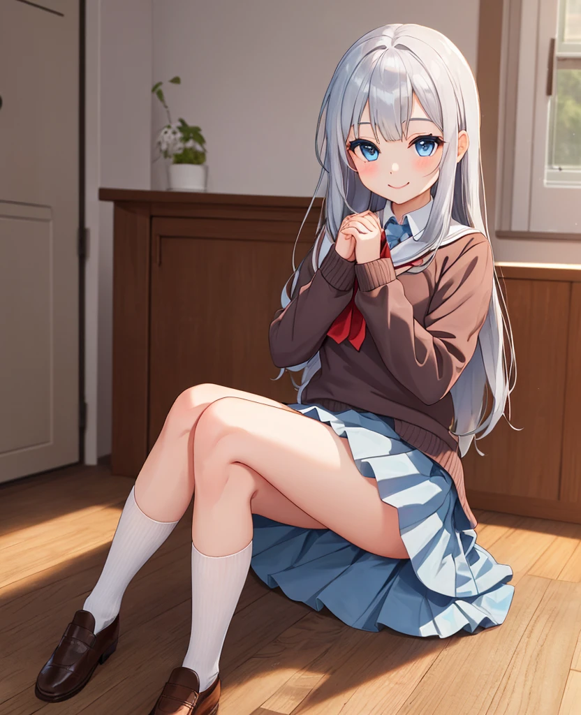 very cute and beautiful girl,(Very detailed美しい顔), (smile),blush,Black Hair,Seraphim,(White Hair、long hair),(White Shirt、Pleated navy blue pread your legs、Squat)、Sitting、(From below)、(Lace panties), Country road, (Highest quality,masterpiece:1.0),Absurd,High resolution,Super detailed,Very detailed,32K,8k resolution, Intricate details,Movie Scenes,Detailed Background,alone,Dynamic Angle,