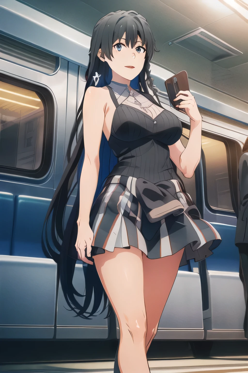 nice smileの20歳の成人女性，Can you draw a woman with long black hair walking alone，Big breastsでもウエストが細い，draw big breasts even more big breasts，nice smile，Can you draw a woman looking at a train，Picture a woman waiting in front of the car in front of you，東京の地下鉄ホームでWaiting for the train 女性は描けますか， ,congestion,Waiting for the train ，Fun，Underground railway stations ，The sign hanging on the wall，{{X}},please explain her expression in more detail，Walking Alone，            city tour            ,，（（（I'm wearing casual tourist style clothes））），   ,（Let's draw a more delicate look），（sleeveless wool sweater），（ Pleated Legs，underwear visible），（One person is enough for that job {X} is very important for work）、 That's enough，grimace。unless the job requires it。 {X}、 ,    An attractive 40-year-old woman is undressing、jump off,                            big black wavy hair, ,   Big breasts, thin waist ， ,   ，Faces are very important，