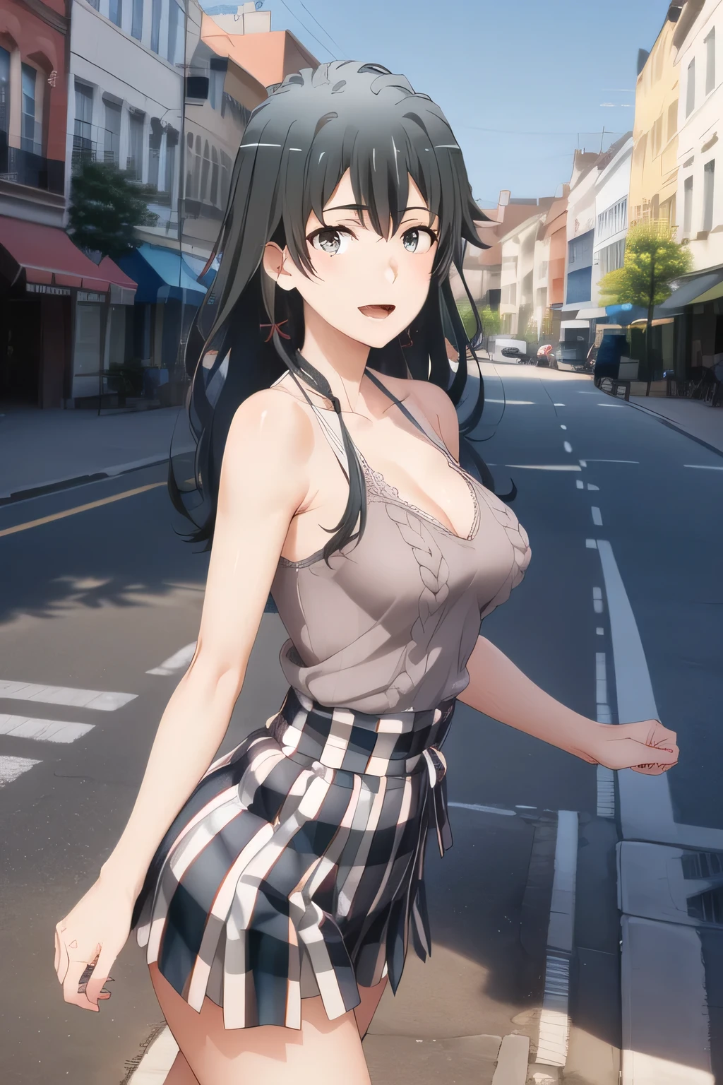 nice smileの20歳の成人女性,Big breastsがさらにBig breastsを描くのが見えます,Beautiful Legs,,Big breastsでもウエストが細い,nice smile,,Please draw her expression more delicately,,Walking Alone, city tour ,,(((I'm wearing casual tourist style clothes))), ,(Let's draw a more delicate look),(sleeveless wool sweater),( Pleated Legs,underwear visible),(One person is enough for that job )、 , big black wavy hair, , Big breasts, thin waist , , ,Faces are very important,