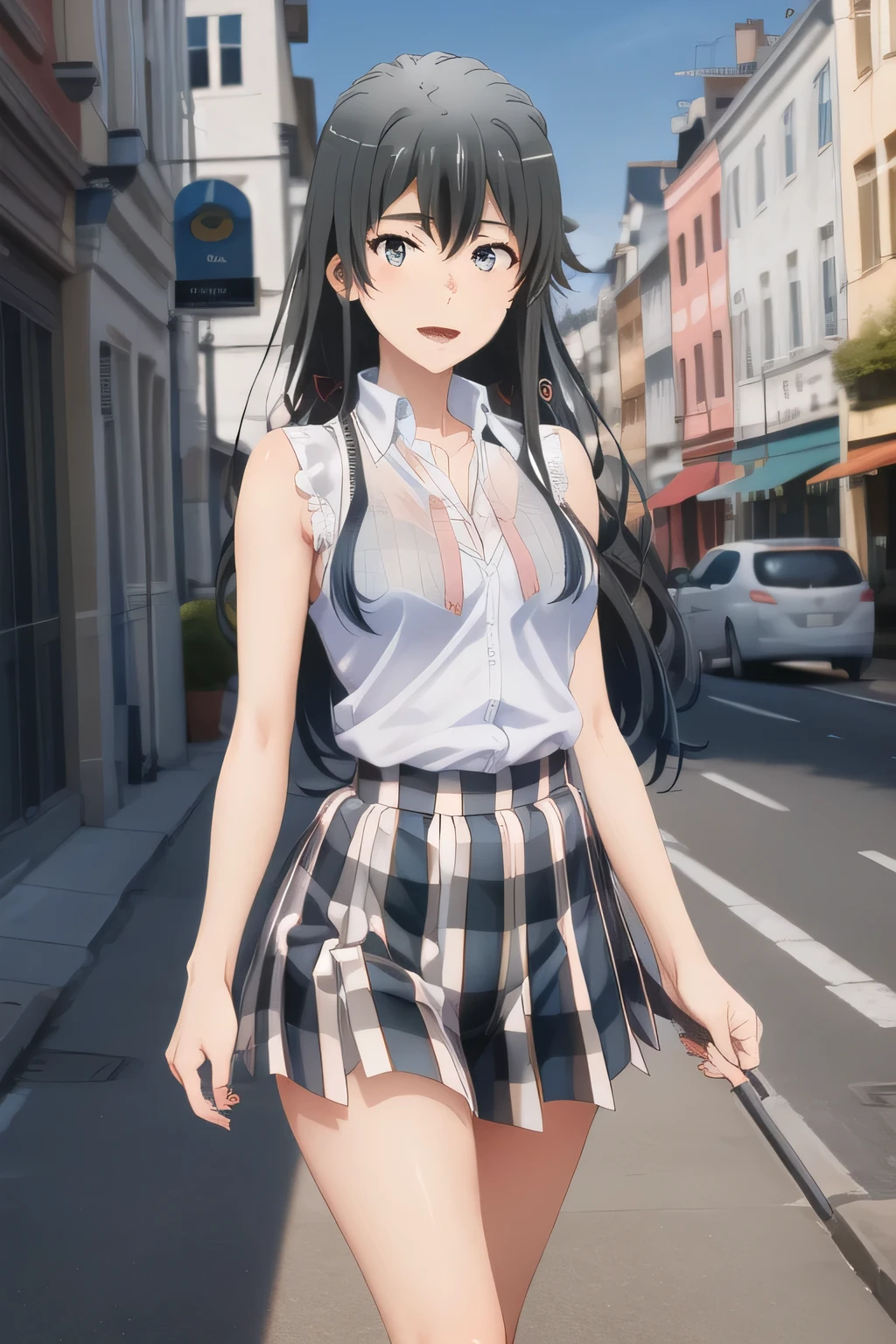 nice smileの20歳の成人女性,Big breastsがさらにBig breastsを描くのが見えます,Beautiful Legs,,Big breastsでもウエストが細い,nice smile,,Please draw her expression more delicately,,Walking Alone, city tour ,,(((I'm wearing casual tourist style clothes))), ,(Let's draw a more delicate look),(sleeveless wool sweater),( Pleated Legs,underwear visible),(One person is enough for that job )、 , big black wavy hair, , Big breasts, thin waist , , ,Faces are very important,