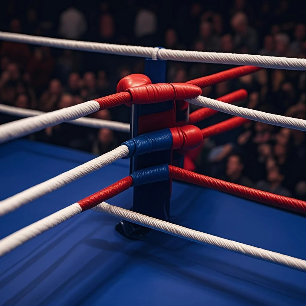 boxe ring with lights and ropes, boxe ring sol blanc coin rouge et sol blanc sol, fond d' Boardwalk Hall Atlantic City, Ring de boxe avec le sol blanc et les coins rouge, scene background Boardwalk Hall d'Atlantic City, toile de fond Boardwalk Hall Atlantic City, Boardwalk Hall in a boxe ring, boxe, boxe match, scene, projecteur, barre d'arrière-plan Boardwalk Hall Atlantic City, spot et projecteur au plafond comme fond dramatique, atmospheric perspective, glowing light, 8k, super detail, best quality, masterpiece