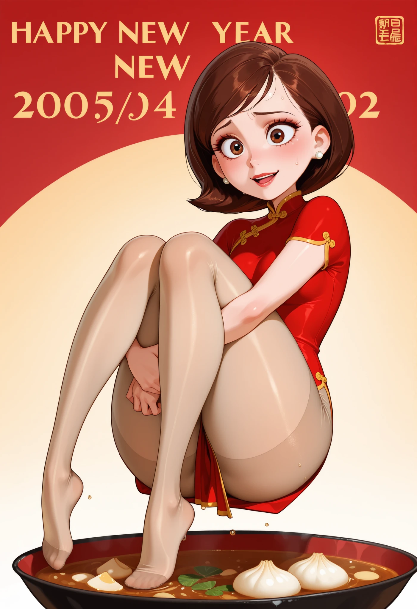 Helen Parr , mature female, medium hair, Bob_cut, brown hair, brown eyes, big eyes, long eyelashes, medium breasts, narrow waist, thick thighs, huge hips, fair skin, thin hands, earrings, makeup, pink lips, lipstick.| ((official art:1.2)), /(falling down:1.1),(fetal position:1.2),petite girl,blush,shy,oil,(dumpling),bowl,(girl in bowl),wet,see-through,(see-through white_pantyhose),full body,(soup,New Year's Eve dinner:1.2),no shoes,:d,china dress, //,