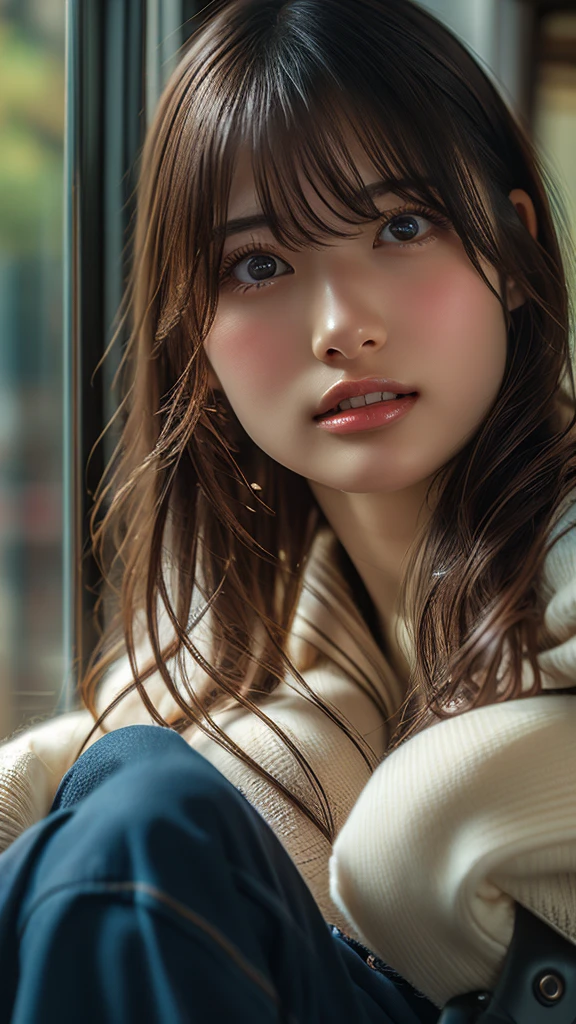 masterpiece, Bokeh, (Beautiful Face), (Detailed face), (Perfect hands), (Japanese Idols:1.6), (suit:1.3), (Ultra-realistic pantyhose:1.3), (Sit at the top of the tower:1.3),( Balcony of a high rise apartment:1.3), (Blushed:1.3), High heels, (From below:1.5), Beautiful mature woman,  (Obscene and extremely large breasts bigger than a face:1.95, Chest gap), (Big eyes that exude beautiful eroticism:0.8, Adult charm:0.8, Fascinating:0.8), necklace, Earrings, bracelet, Highly detailed and accurate hands and fingers, ((She has a very cute baby face and a pure and sexy expression.))、