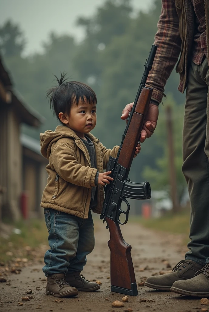 A child training to hold a revolver in a garden in the middle of nowhere