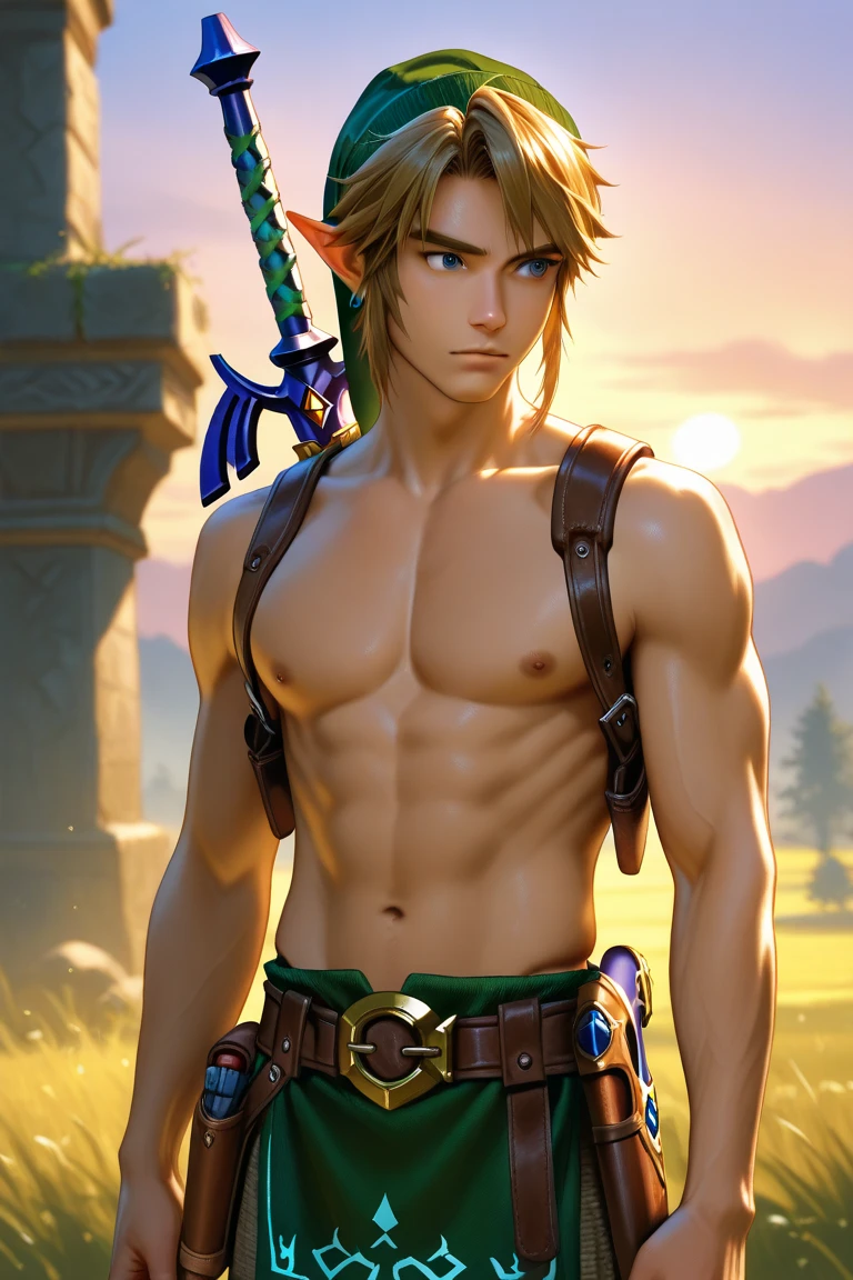 masterpiece, best_quality, 1boy, solo, link, the legend of zelda, topless male,
