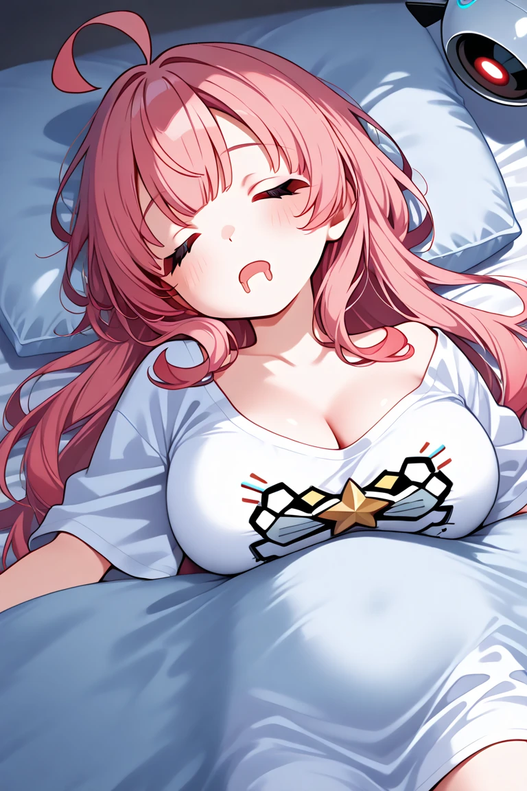 Create a young girl with pink hair, lying on her bed, with exposed breasts and vagina, with ??? toy