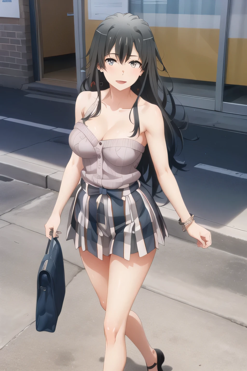 nice smileの20歳の成人女性，Big breastsがさらにBig breastsを描くのが見えます，Draw her big breasts bigger and bustier，Beautiful Legs,，Big breastsでもウエストが細い，nice smile，,Please draw her expression more delicately，，Walking Alone，              city tour              ,，（（（I'm wearing casual tourist style clothes））），   ,（Let's draw a more delicate look），（sleeveless wool sweater），（ Pleated Legs，underwear visible），（One person is enough for that job ）、 ,                             Big black wavy hair, ,   Big breasts, thin waist ， ,   ，Faces are very important，