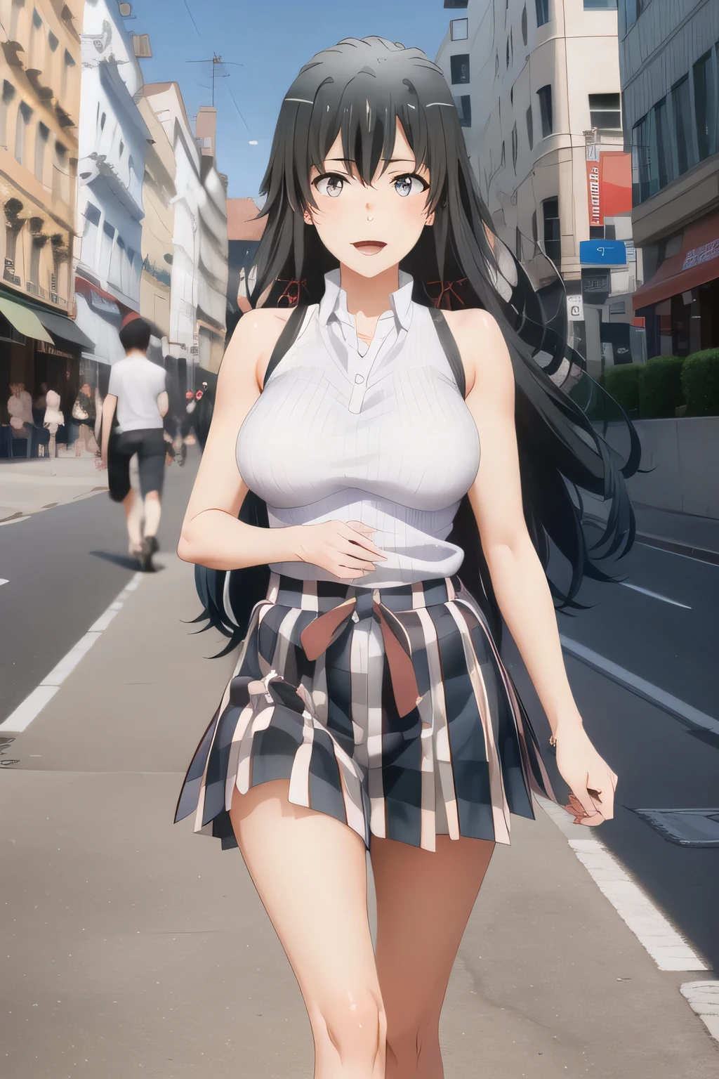 20 year old adult woman with nice smile,I can see Big Breasts drawing more BIG Breasts,Please enlarge her Big Breasts and draw Bustier,Beautiful Legs,,Big breastsでもウエストが細い,nice smile,,Please draw her expression more delicately,,Walking Alone, city tour ,,(((I'm wearing casual tourist style clothes))), ,(Let's draw a more delicate look),(sleeveless wool sweater),( Pleated Legs,underwear visible),(One person is enough for that job )、 , Big black wavy hair, , Big breasts, thin waist , , ,Faces are very important,