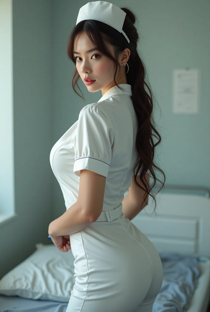 There was a woman in a white uniform, Nurse, full-body xianxia, nurse girl,  healthcare worker, Fitted nurse uniform，White nurse hat，Split nurse overalls，Skinny white trousers，Nice nurse shoes，Beautiful face，The skin of the face is fair and shiny，beautidful eyes，Delicate hair，medium boob， and slender figure，Gravure pose，Stand dignified and generous，fully body photo