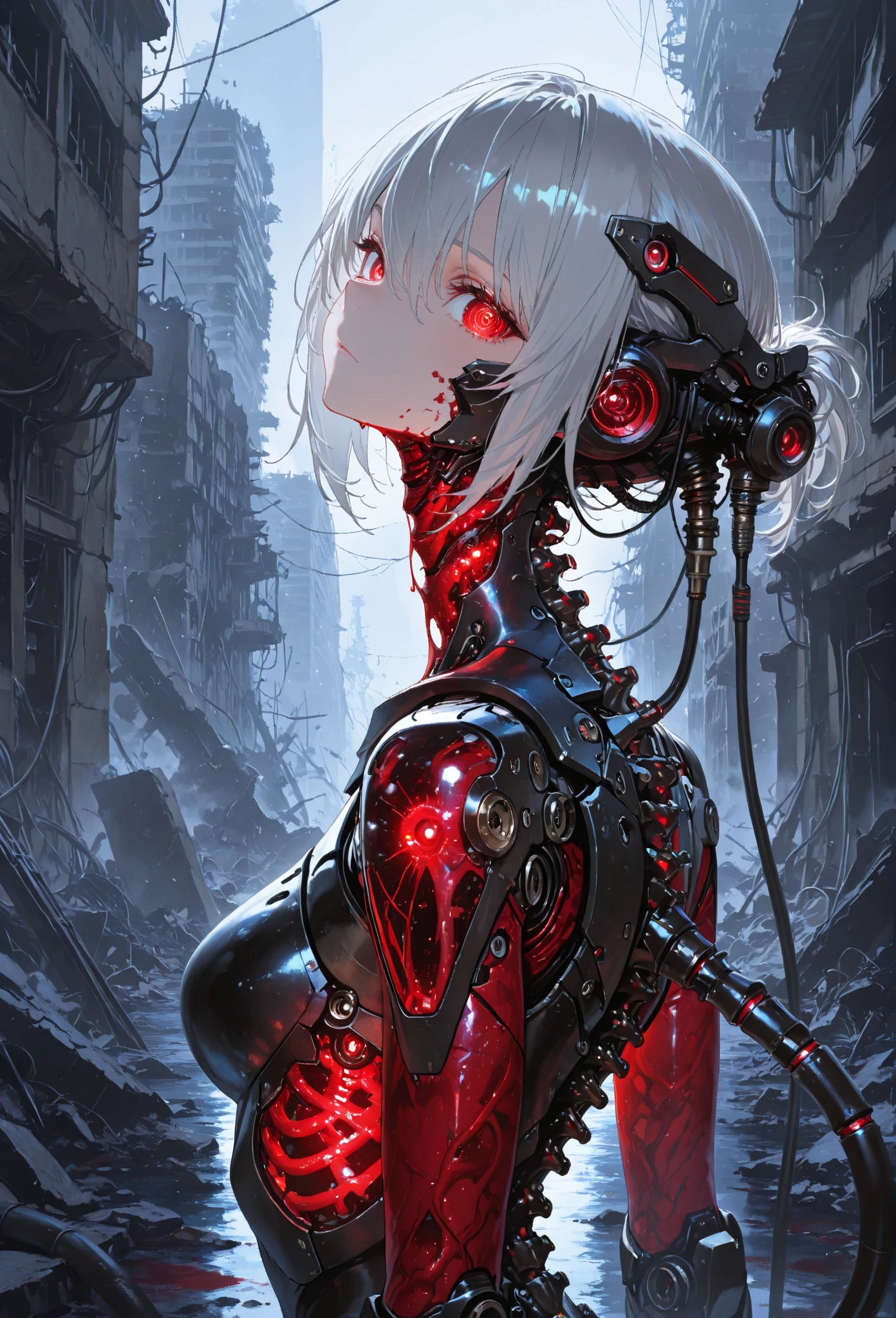 (((Masterpiece))), ((Best Quality)), (Super Detail), (CG Illustration), (Very Evil and Beautiful)), Cinematic Light, ((1 Mechanical Girl)), Single, (Mechanical Art: 1.4), ((Mechanical limb)), (Blood vessel attached to a tube), ((Mechanical spine attached to the back)), ((Mechanical cervical vertebrae attached to the neck), (Back to the viewer)), expressionless, ( Wires and cables attached to the head and body: 1.5), Science Fiction, Apocalypse, Ruins, (Lower Body Integrated with Mechanical Devices), (Blood: 1.5), Cruelty, Absurdity, Eroticism, Fusion with Machines, Doomsday Time, Super Future, Inorganic, Laboratory, Restraint, (Beautiful Indulgence: 1.2), (1 Girl: 1.3), Body Wrapped Around Mechanical Tentacles