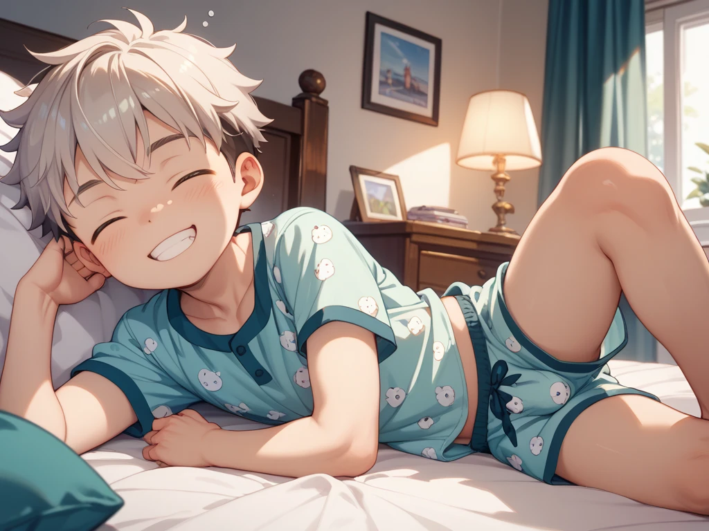 Shirtless boy with white hair and brown eyes wearing short green pants and lying on his bed blushing showing his feet., Him backwards and very ????.