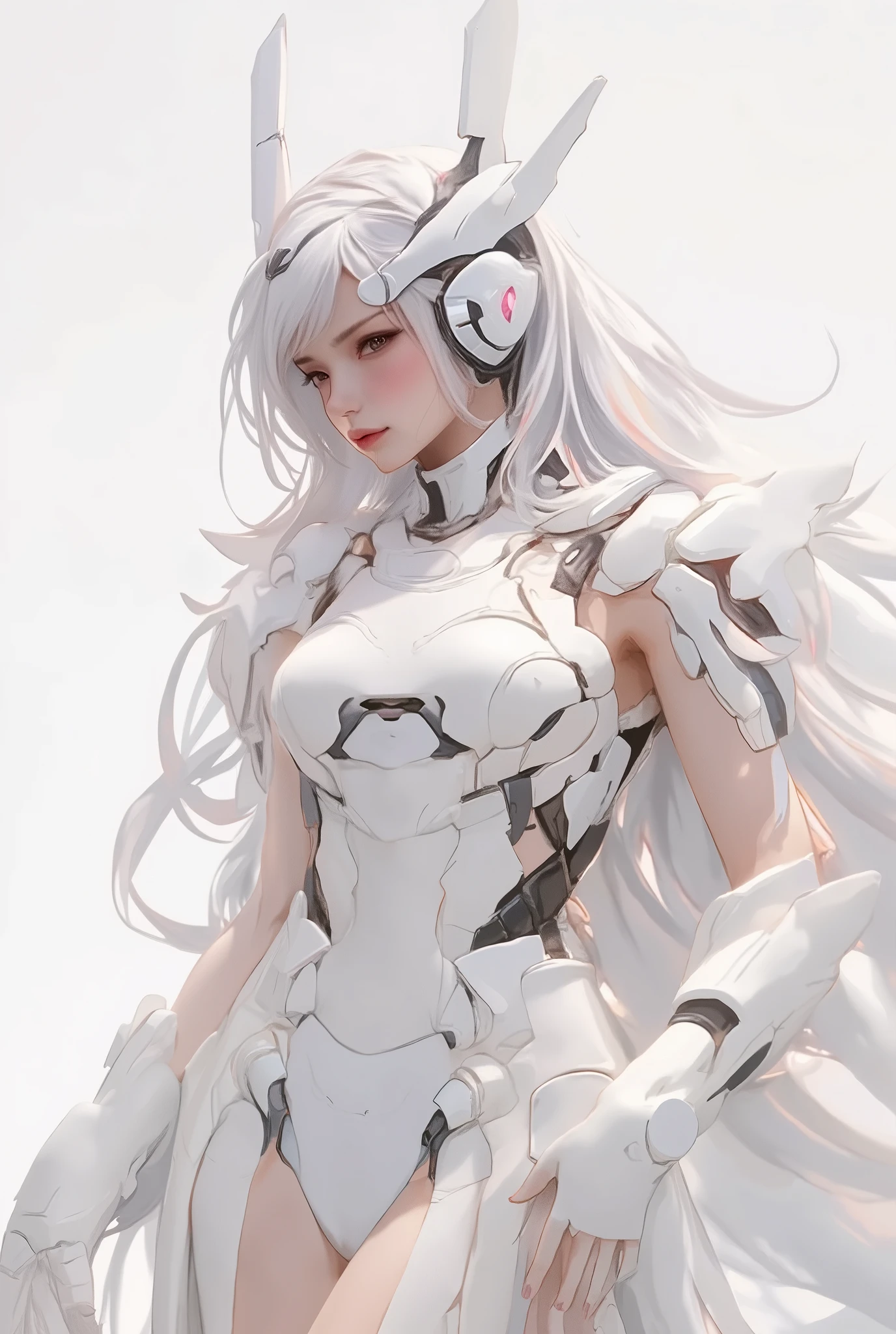 headset and haute couture sexy dress white background full body,long curly silver