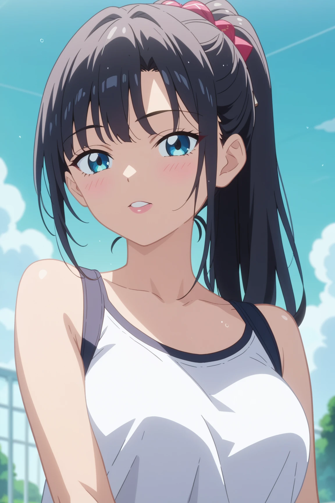 One lady,12year old,japanes,(((Sportsbra))),Upper body portrait,A dark-haired,Beautiful ponytail,Wet with sweat,Serious look,Clothes are wet,(((Nariko Saten)))