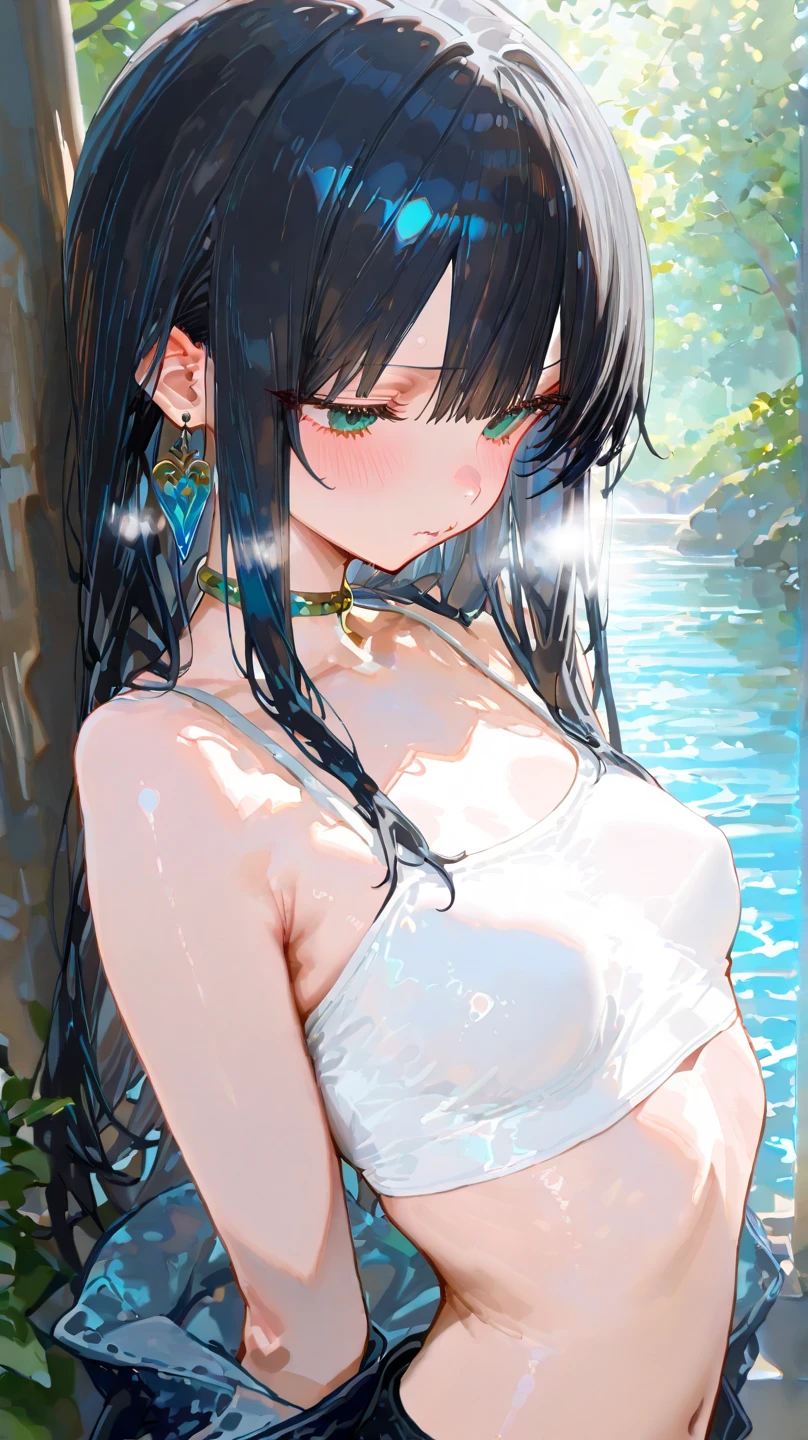 ((Highest quality)), ((masterpiece)), (detailed),(（nymph）),10 years old, Black Hair,(Childish face), (Straight Hair), Girl ,Medium Breasts , ((sleeping, closed eyes)), shy-smile , ((Naked)),（(topless)), Sunlight ,At the lake, swimming in the lake ,backstroke , ((upper body)) , lie on one’s back ,Lots of bubbles,