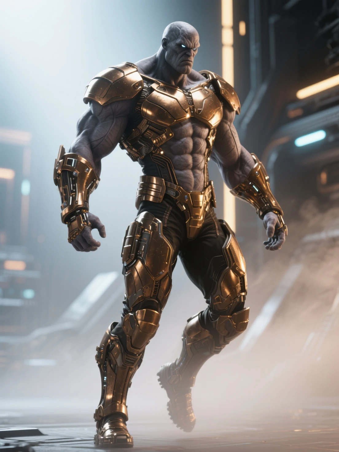 (Ultra resolution 8K), impresionante obra maestra,Cyberpunk Spartan warrior as titan of the digital age. Dressed in biomechanical armor of dark and metallic tones. His cybernetic helmet frames a resolute face, in which cybernetic eyes glow with flashes of blue light. Luminescent circuit lines snake through your skin, And digital tattoos change pattern as they connect to the global network. Its robotic limbs glide with deadly precision, while its modified human body exhibits sculpted and streamlined musculature.The warrior wields a sword with a nanotechnology blade, whose advantage adapts to each enemy and situation, The Cyberpunk warrior Spartan embodies a unique fusion between ancestral strength and technological innovation. Su presencia inspira respeto y asombro, Reminding everyone that even in the age of machines, The indomitable essence of the warrior continues to burn in his heart of metal and flesh.(Quality lighting), Spectral illumination, agregar efecto al final