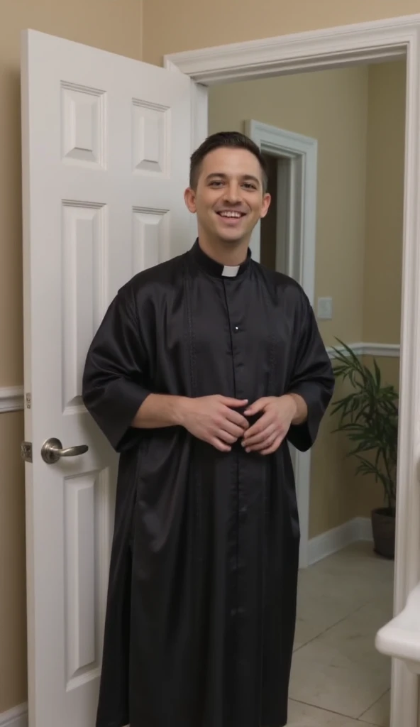 A grey-skinned church pastor holding his thick golden penis in front of a church window with tinted glass, well-defined glans, the pastor wears a white cassock, he has short black hair and a short beard, gray hair highlights, the shepherd has hairy legs and thighs and a thin abdomen, wearing a shepherd's cassock, looking at the camera, seductive smile.