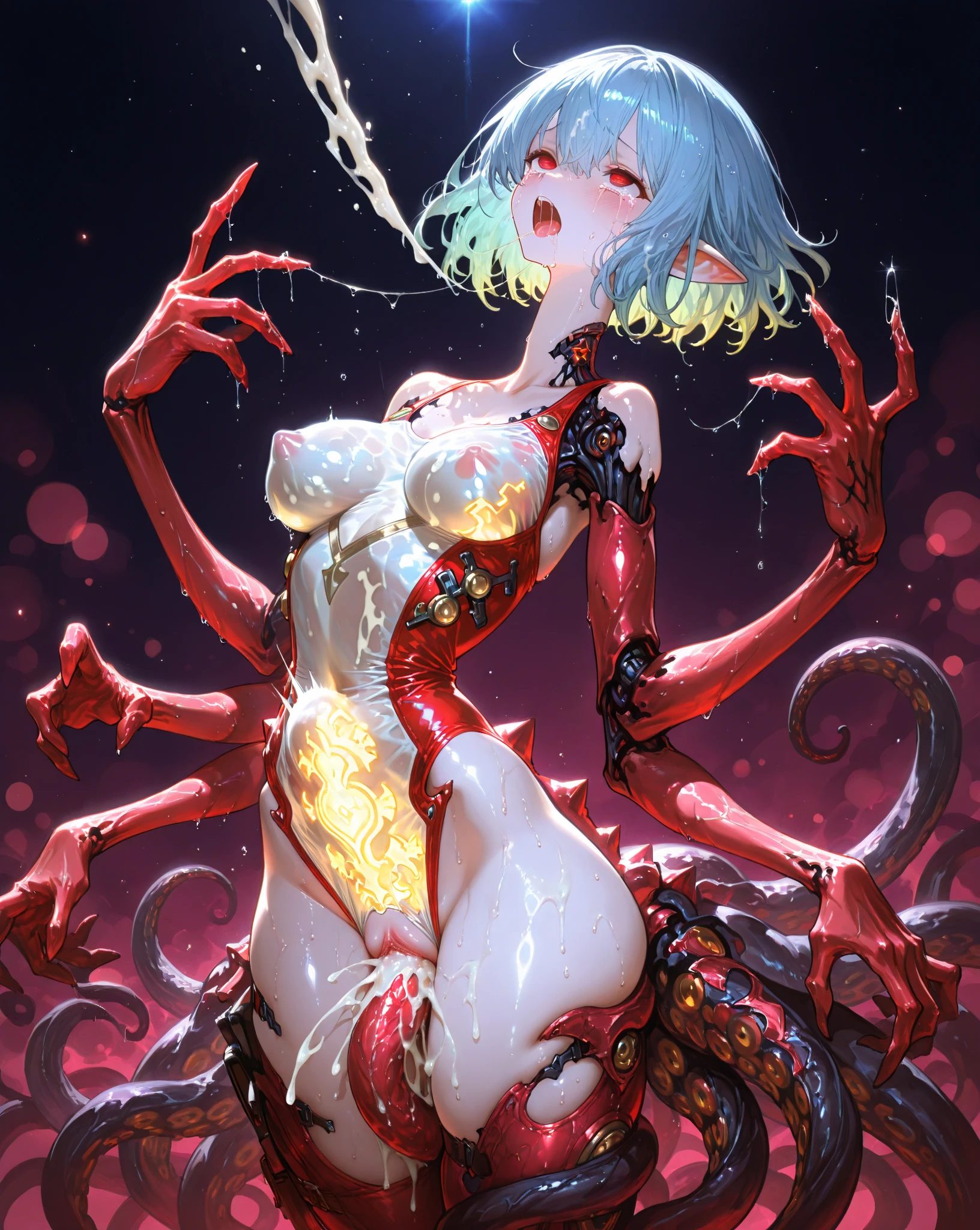 (Maximum resolution: 1.2), (Ultra HD TV: 1.2), Cinema Lights, One Woman、24-years-old、whole body、8k resolution, Beautiful Eyes and skin, Detailed faceの特徴, , (Clear focus on the chest: 1.2）, (The focus is on the face:1.2),Perfect Style, Cute Face, Accurate, Anatomically correct, Highly Detailed face and skin texture, Beautiful Eyes, double eyelid, Thin eyebrows, Glitter Eyeliner: One natural cheek, Glowing Skin, Fair skin, Glowing Skin: 1.2, (Glossy Lips: 1.4),、 (Embarrassed look: 1.2),20-year-old female, (Detailed face:1.2), (Highest quality:1.2), Retrospective photos of the rear roam、Angle from below, Low Angle, From behind, Cinema Lighting, Perfect Style, Beautiful Face,  (Skirt Lift:1.4), blush、humiliation、impatience、Glare、tears、Embarrassing、Surprised expression、humiliationの表情、 (Wedding dress:1.1),Sweat、short hair、Retrospective photos of the rear roam、Low Angleから、Soaking wet、,Exposed pantieonster)、((Lots of red tentacles))、(Tentacles wrapped around his arm:1.3)、(tentacles wrapped around legs:1.3)、(Violated by tentacles:1.4)、(Hanging with legs apart:1.4)、(Tentacles entering the crotch:1.3)、(Expressions of ecstasy:1.2)