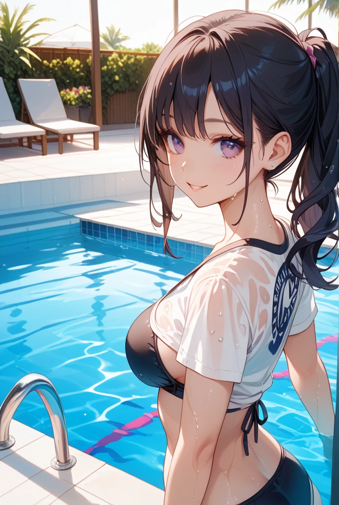 top-quality、masterpiece、ultra-detailliert、The ultra -The high-definition、(1 adult female:1.3)、(Soft bust:1.2)、natural(large boob)、Transverse breasts、View from diagonally behind、(Simple white small bikini swimsuit:1.2)、(Pink areola shows through)、(White highlights of the pupil:1.2)、dark red-brown eyes、A dark-haired、(Look at viewers:1.2)、(de pele branca)、Textured skin、A slight smil、red blush、embarassed expression、(Blue summer sky:1.3)、(Avoid the background around the upper body:1.3)、(Blur the background a lot to make the woman stand out:1.3)、(Beautiful background of beach pool:1.3)、(Beautiful summer flowers)