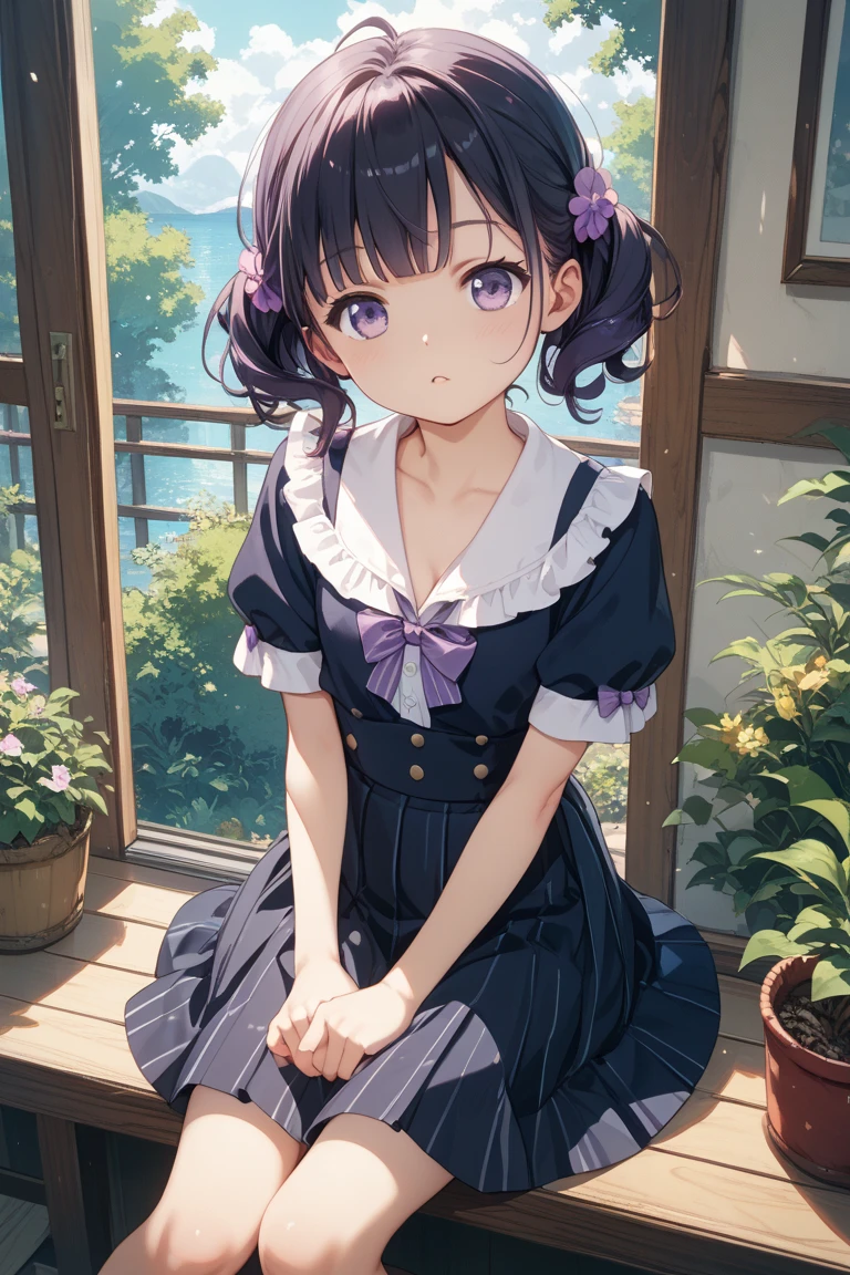 ,full body,lace up boots,fukumaru koito, medium hair, black hair, twintails, purple eyes,(((purple black hair:1.3)))