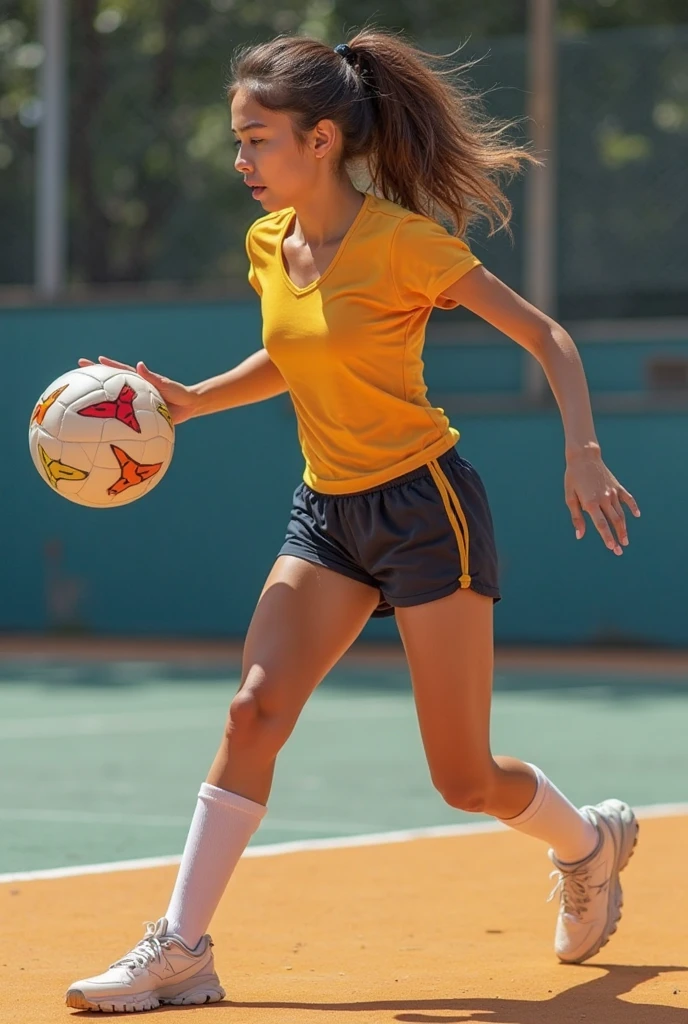 Reggie Abbot,Una chica ,Sola ,Soccer field, Sonriendo,red soccer sports shirt , amarillo y negra como la bandera de Alemania,Short blanco ,tennis negros,soccer ball next ((alta calidad)),((imagen definidas)),((cuerpo entero y perfecto)).