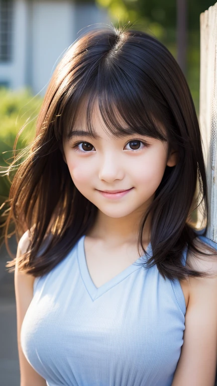 highest quality, High resolution, realistic pictures, detailed skin texture, Cute 10 year old Japan girls, view audience, slim body shape, charming gaze, Fair skin, baby face, (flat chest:1.2), long straight hair, (loli:1.2), smile showing teeth, in bed by the window, A short, see-through white camisole