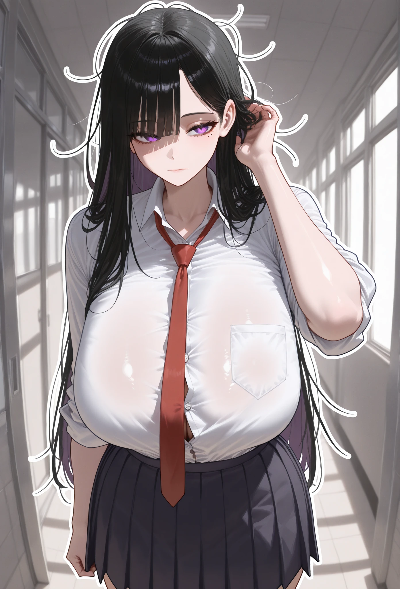 Perfect human body、1 girl、A couple、heterosexuality、 NSFW, ((actual, On the street)), (detailed back ground),  Oversized white T-shirt、mini-skirts、鎖骨,Bigchest ，((woman with fever)), ((perspiring,steamy))), 、皮革mini-skirts、((shyexpression)), (face flushed), looking at viewert,a sexy pose，Lift the skirt