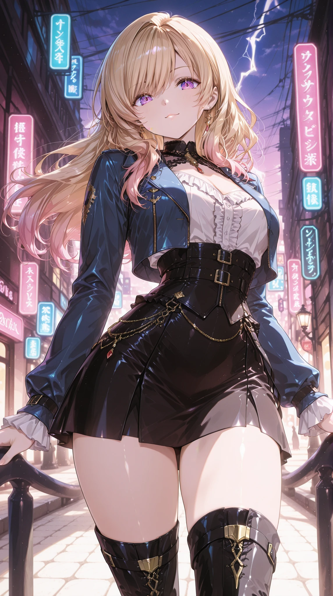 masterpiece, best quality, high resolution, city background, uhd, blond hair, comsic bright glowing dress, kawacy, young, (fantasy 1.5) pigtails hair, 4k, rainbow, kodak, oil, scout, nylon, brilliant,  running, wide range, magical girl, lingerie, strong emotion, in love, singing, horns, make up, lipstick eyeshadow thick lashes, over proportion,  monster features,  alien features.