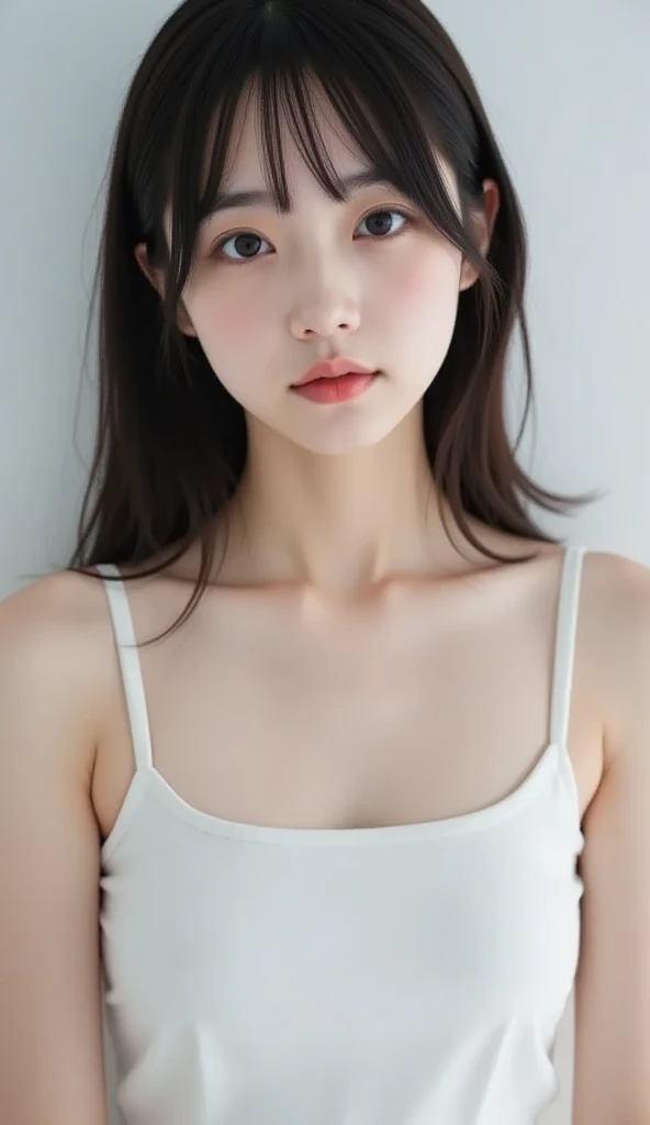 close-up of beautiful South Korean, Eunha is a VIVIZ South Korean pop girl group, age 18 years old girl, youthful face, perfect body, white body skin, very long hair, standard black hair, straight hair, 32 inches breasts size, wearing a plain standard light white strapless tube top, wearing a tight camouflage seamless spandex boyshort pant short leggings, Eunha holding breasts with her own two hands is very sexy and sigh, Eunha squeezes the breasts very seductively, Eunha lowered her strapless tube top a little bit, ((Eunha held her breasts while lying down in the female-only military bedroom camp)), ((Eunha experienced arousal when her breasts became tense and made her look tempted)), sexy looking pose, pose a naughty look, pose looks seductive, at the female-only military bedroom camp, female-only military bedroom camp background, UHD