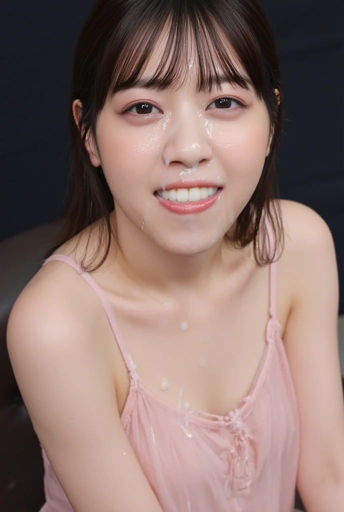 Black Hair, hair tie, Falter, Long eyelashes, Round eyes, Light Smile, Ear brush, Surrealism, Cast a Shadow, Anaglyph, Stereogram, tachi-e, throw, Atmospheric perspective, 8k, Super Detail, Accurate, highest quality、(Face covered in semen:1.5)、Idol、beautiful girl、Female announcer、Short Hair、15 years old