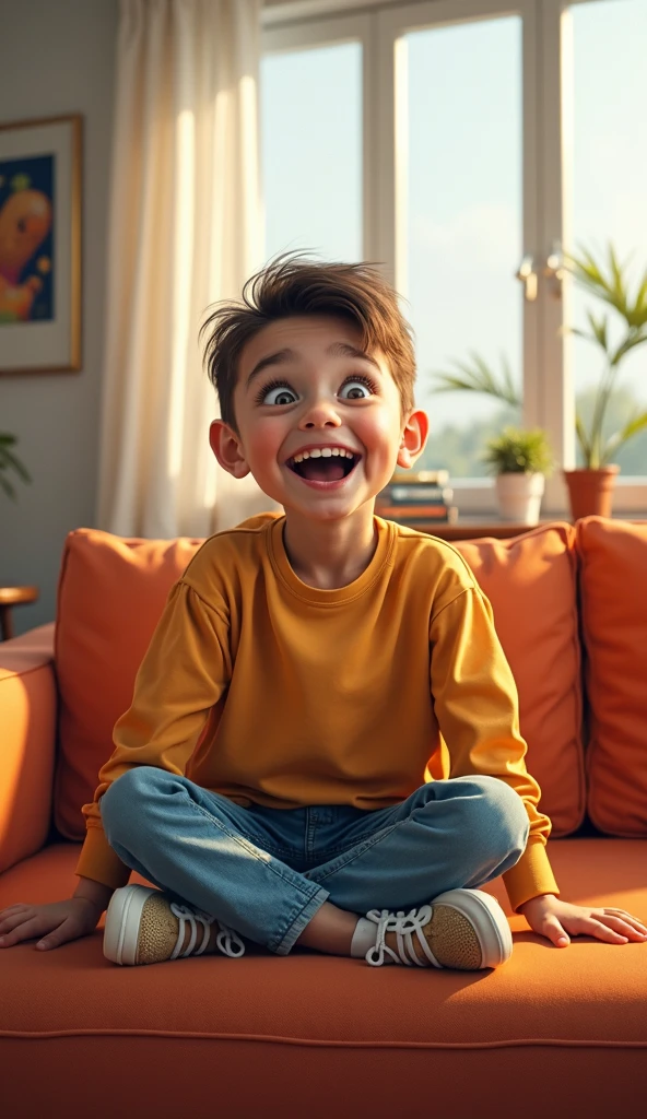 A happy and anxious little boy on his animated sofa