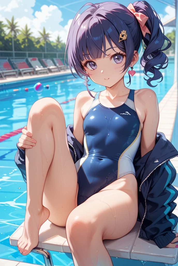 (masterpiece,highest quality,超A high resolution),japanese woman, (((Very beautiful 25 year old girl))), pretty girl、look at the photographer､  ((beautiful low ponytail)), super cute face, glossy lips, double eyelids in both eyes,natural smile、 natural makeup, long eyelashes, shiny smooth hair､center image,  perfect limbs, perfect anatomy,(((navy blue school swimsuit)))、pool,wet state