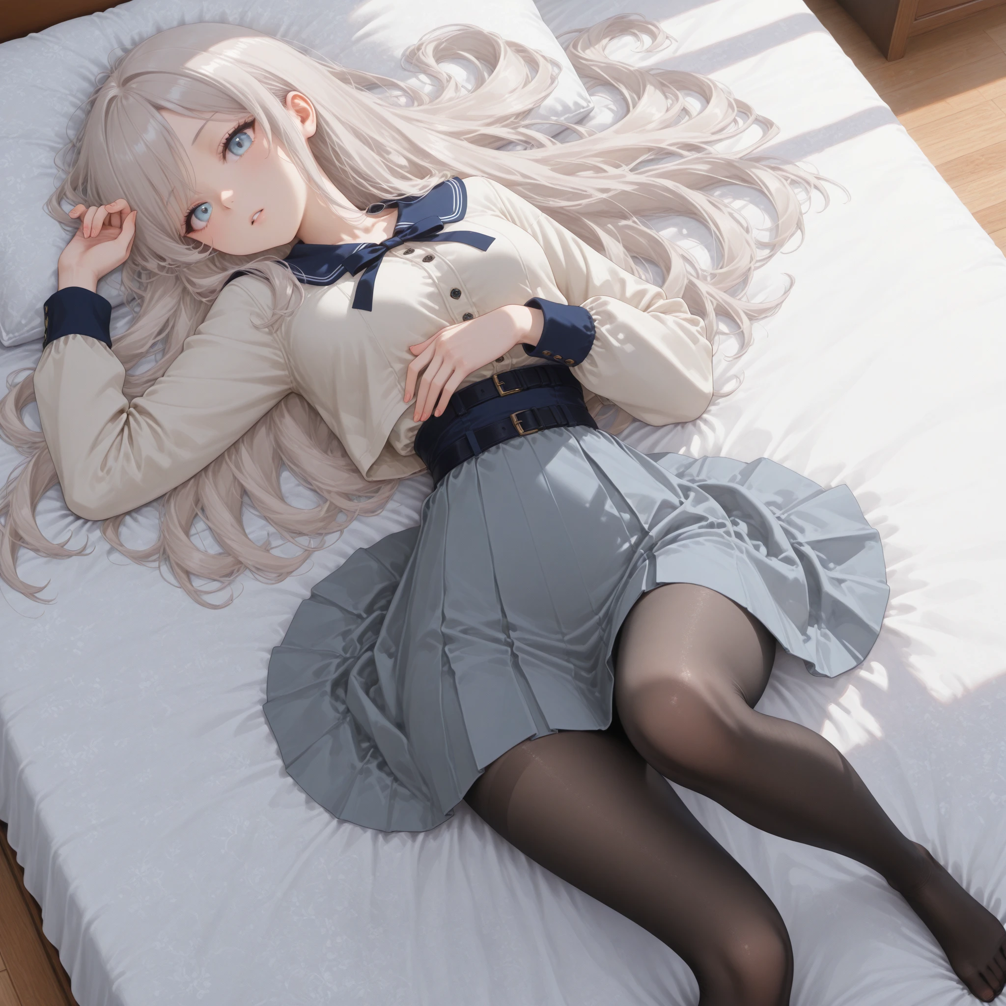 Sora Kasugano, An 18-year-old Japanese girl with a mature and slender figure, slightly disheveled hair, full body portrait from head to toe, red face, shy expression, composition from the front, composition from slightly below, front view Sitting face to face, legs spread in an M-shape, black pantyhose, (black pantyhose): 1.2), white panties visible, small breasts, white panties visible, no shoes, Bedroom, inside the room, daytime, looking at the viewer, panties, frontal composition, looking at the viewer, slender legs, slender thighs, slim toes touching the floor, soles of the toes A short pleated skirt with a plaid pattern, posing with her hands hidden behind her back, blazer high school uniform, high school girl