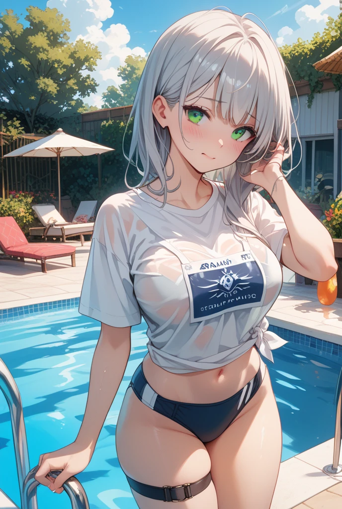 a 28 year old woman with white hair wearing a t-shirt