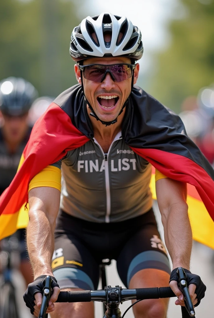 A mountain bike cyclist in a smart black shirt, raising his hands in triumph as he pedals through a cheering crowd.