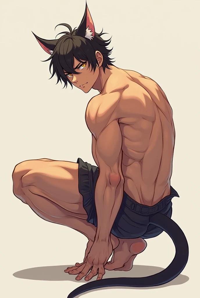 hand drawn sketch illustration of a beautiful elf male, toned, flexing, sharp big cat ears, cat tail, big black messy hair, red eyes, masterpiece, bikini, slim dark black hoodie, full body view, neutral face, black thigh socks, combat boots, watercolor ink sketch, (best quality)), intricate detailed,