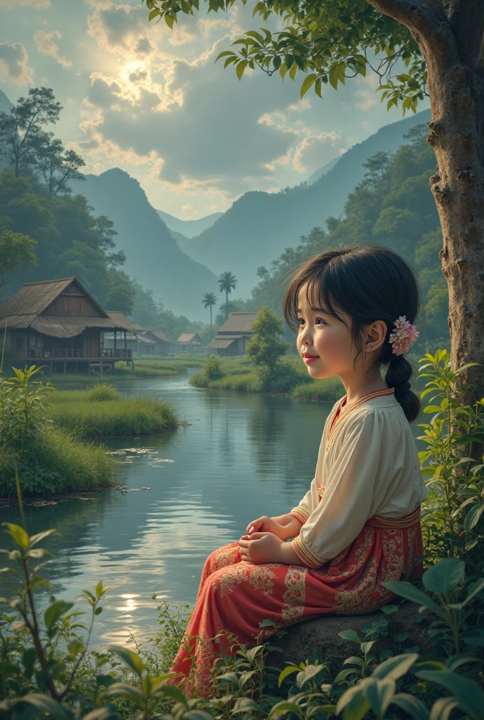 In the evening, A beautiful myanmar girl, long hair