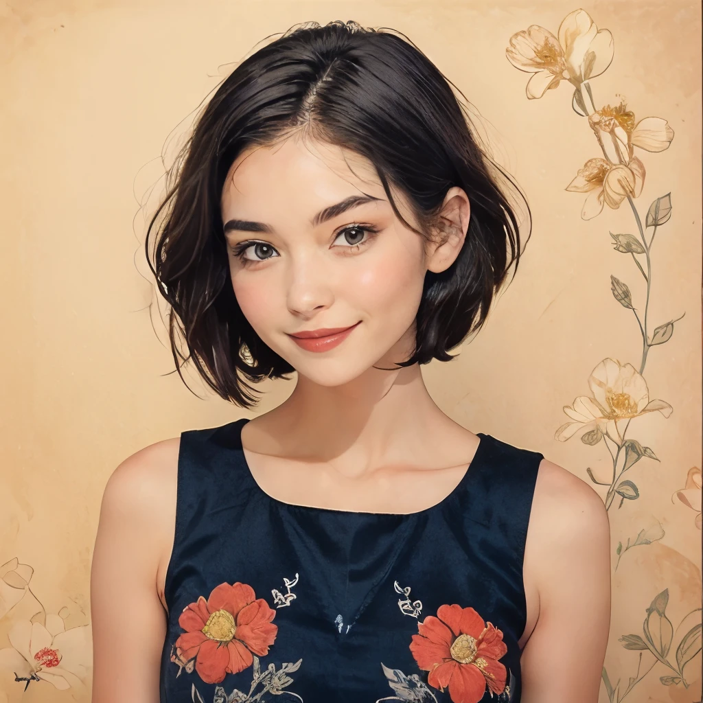 393 ((young woman)),(short hair),(Neat hair),(floral dress),(archaic smile)