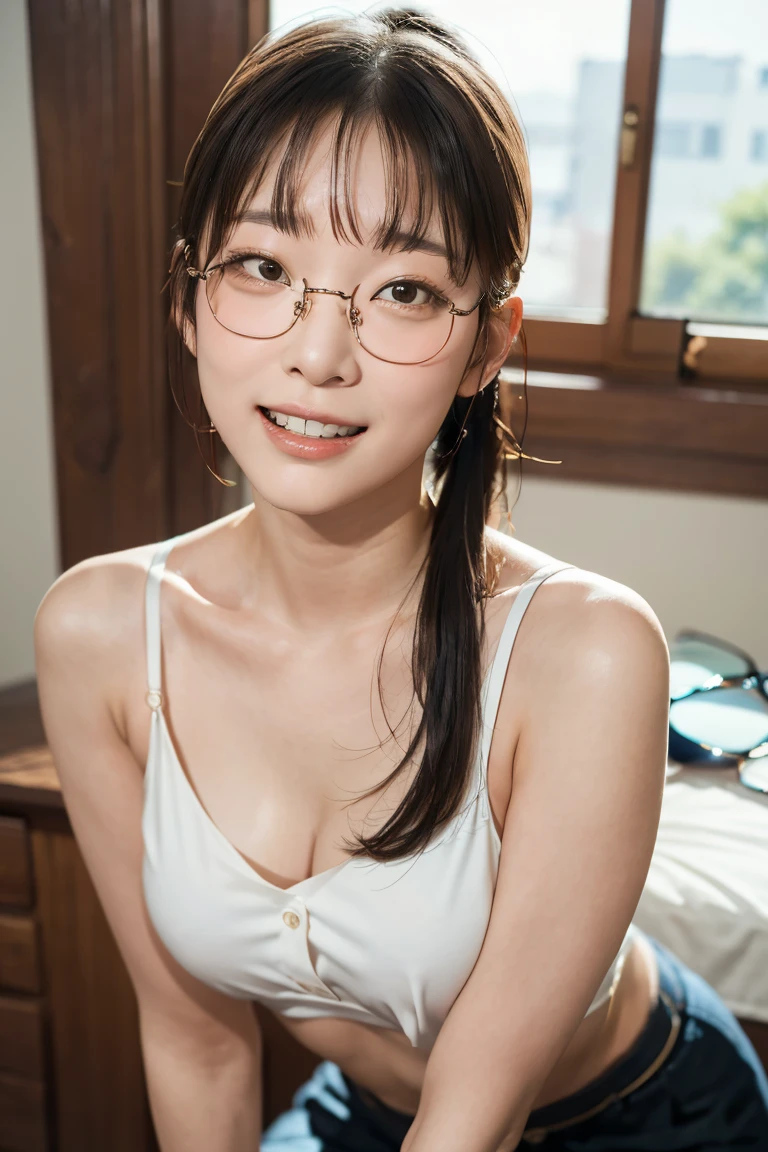 (cinematic angle: 1.2), (1 girl, night gown dress),(best quality, detailed details, masterpiece, official art, movie lighting effects, 4K), short ponytail, white hairband, big breast, in bedroom, rimless glasses, moa kikuchi, (looking at viewer, smile),