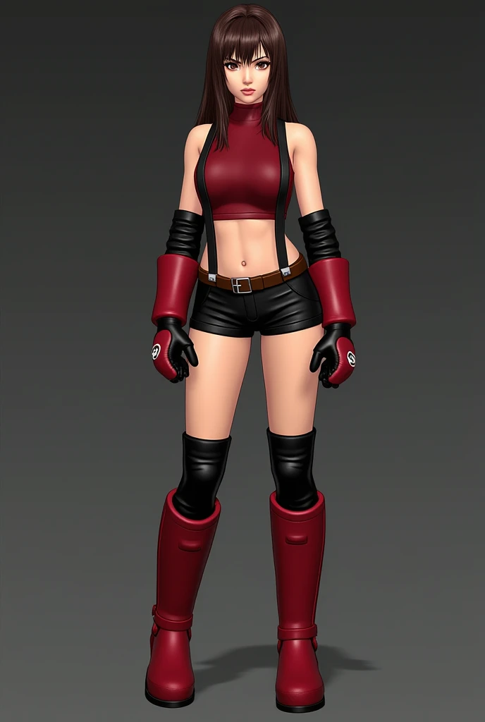 (plain background, 8k, best quality, masterpiece, realistic, photo-realistic:1.37) (full body height standing straight symmetrical contrapposto) (looking at viewer) 2legs apart (wide stance) ultra detailed, 1solo cute girl (beautiful detailed eyes) (smile:1.2) (closed mouth) view from below depth of field, good composition, WHITE SILVER bob hair, perfect knockers, suspenders, toned body, athletic, wide hips, thin waist, toned arms, exposed abdomen, abs toned, navel, big belly button belt ((red cheeks, red eyes, red tank top, red thong, red gloves gauntlets, red stockings thighs))
