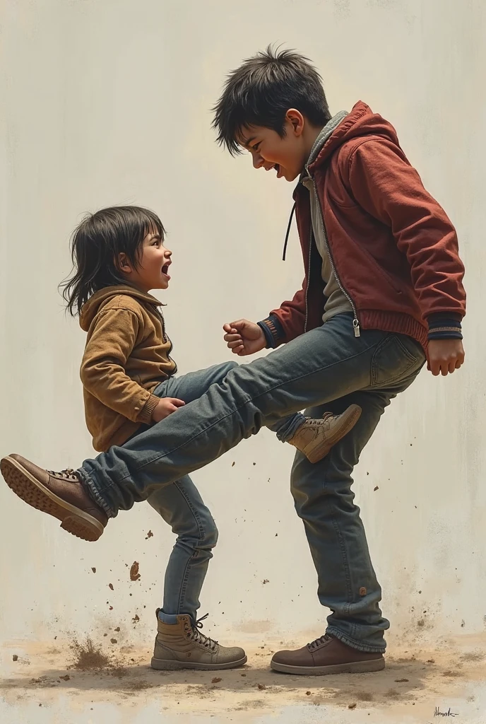 A 13-year-old boy kicking another boy who is lying on the floor