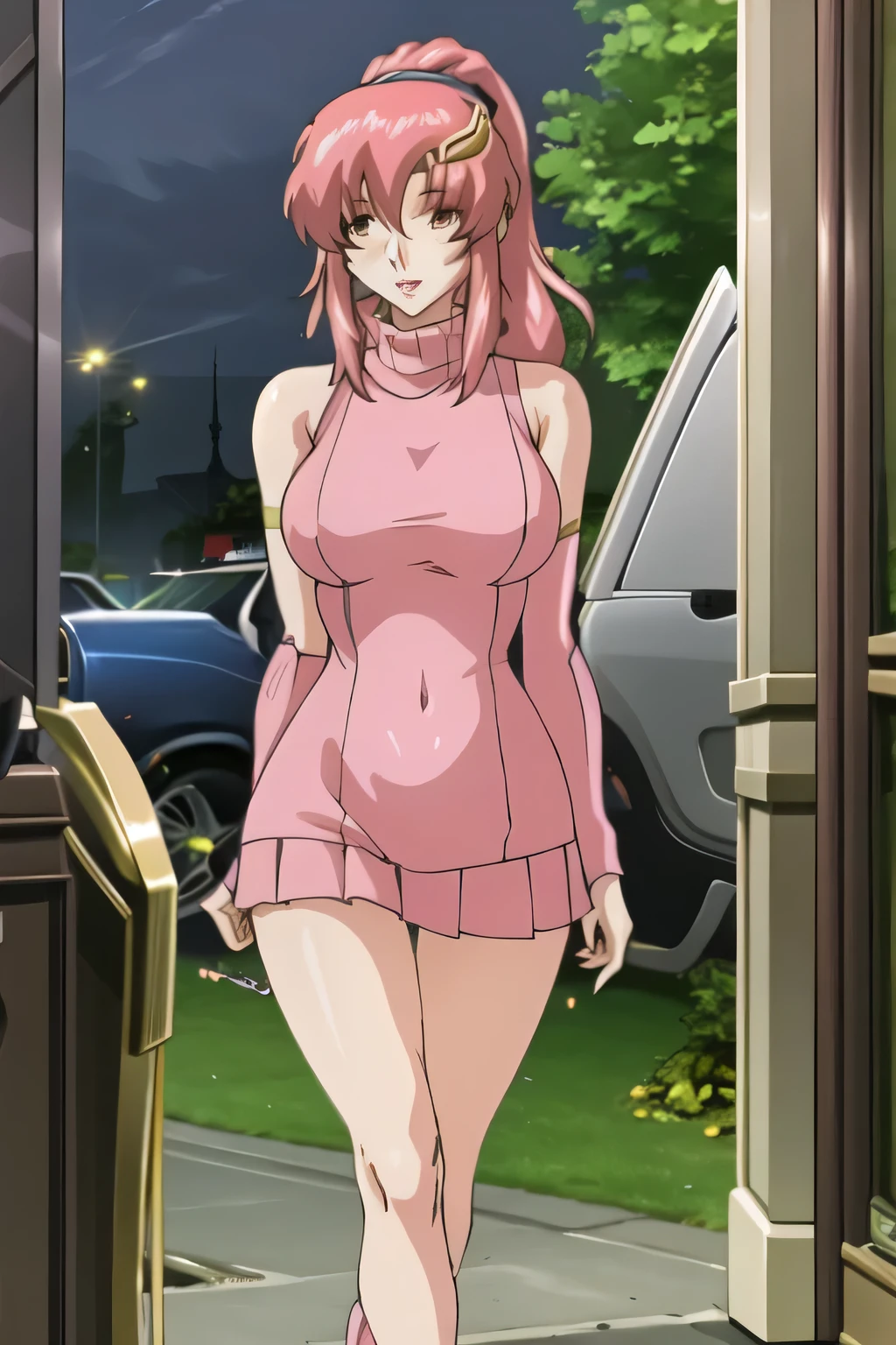 A woman with a lovely smile，pink long hair，ponytail,please draw，face is absolutely necessary，Please describe the hands and feet accurately，20-year-old mature woman with sex appeal，sleeveless sweater，Pleated Miniskirt，Pink Panties，Beautiful Legs,high heels，   city tour   ,is walking alone，Even if her breasts are big and her hips are thin, big breasts，please draw her expression more delicately，Animated CG，