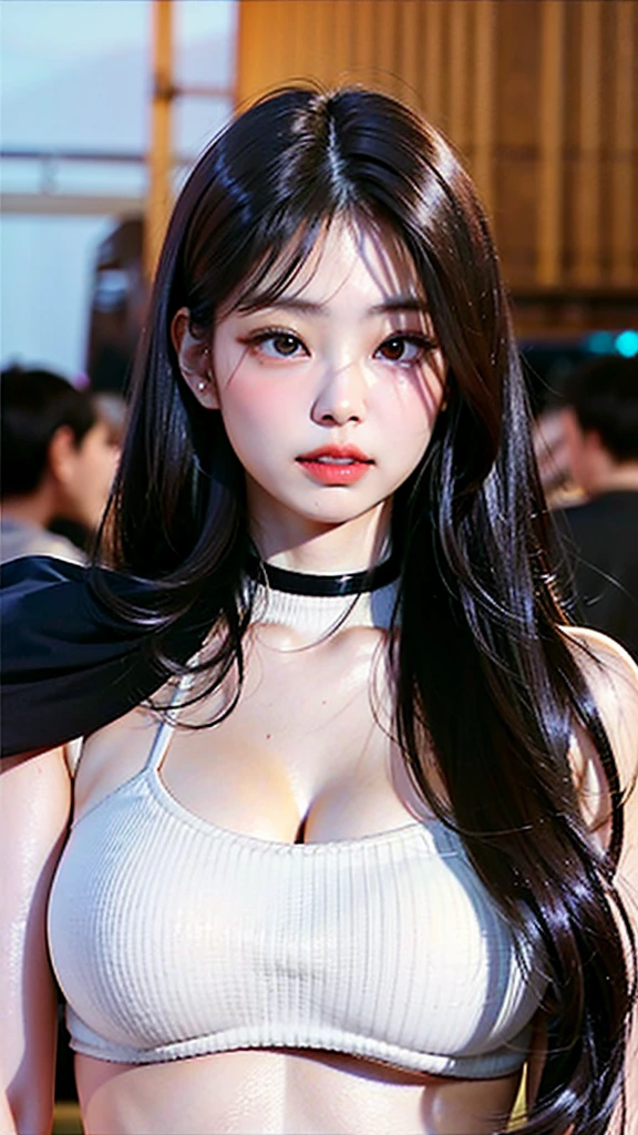 (((sexy crop dark blue flight attendant uniform with heels))) (((half body three girl foto))), detailed skin, ((asia white skin color)), detailed skin, big breasts, slim body, gigantic breasts, Slim Waist, 4K resolution,((pursed lips)) (((short hair BLACK wavy bangs thick hairstyle))) ((white skin)) ((extremely detailed face)) ((extremely detailed eyes))  (((sexy body pose)))  ((outdoor background at luxury plane, passangers etc)) (((looked on camera))) look camera, ((sixpack woman)) ((model posture)), face extremely detailed, full body color photo of a 22 y.o girl, beautiful face, beautiful eyes,  ((skin details, high texture)), hand fix, finger fix, nails fix, realistic hand wrinkles, realistic eyes, octane render, simetris eyes.