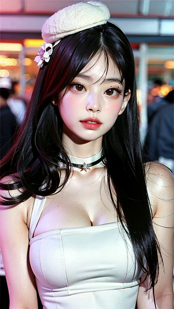 1girl, alone, solitary, high quality, (best quality,4k,8k,highres,masterpiece:1.2),ultra-detailed,(realistic,photorealistic,photo-realistic:1.37),gorgeous hair,black hair,long straight hair with bangs,sharp eyes,mole under the eye,plump lips,jewelry,(high detailed skin:1.4),(rim lighting:1.3),(lit:1.3),(sunny day:1.3),portrait,beautiful lips,waist-length hair,seductive gaze,moles,casual clothes,colorful clothing,close up,super long hair,choker necklace,light eyes,bangs,fringe,20 year old,dimples on the cheeks,dimples,jet black hair,darkhair,dark black hair,black,red lips,red lipstick,round lips,round pouty lips,pouty lips,douyin makeup, sparkly makeup,glitter,contact lenses