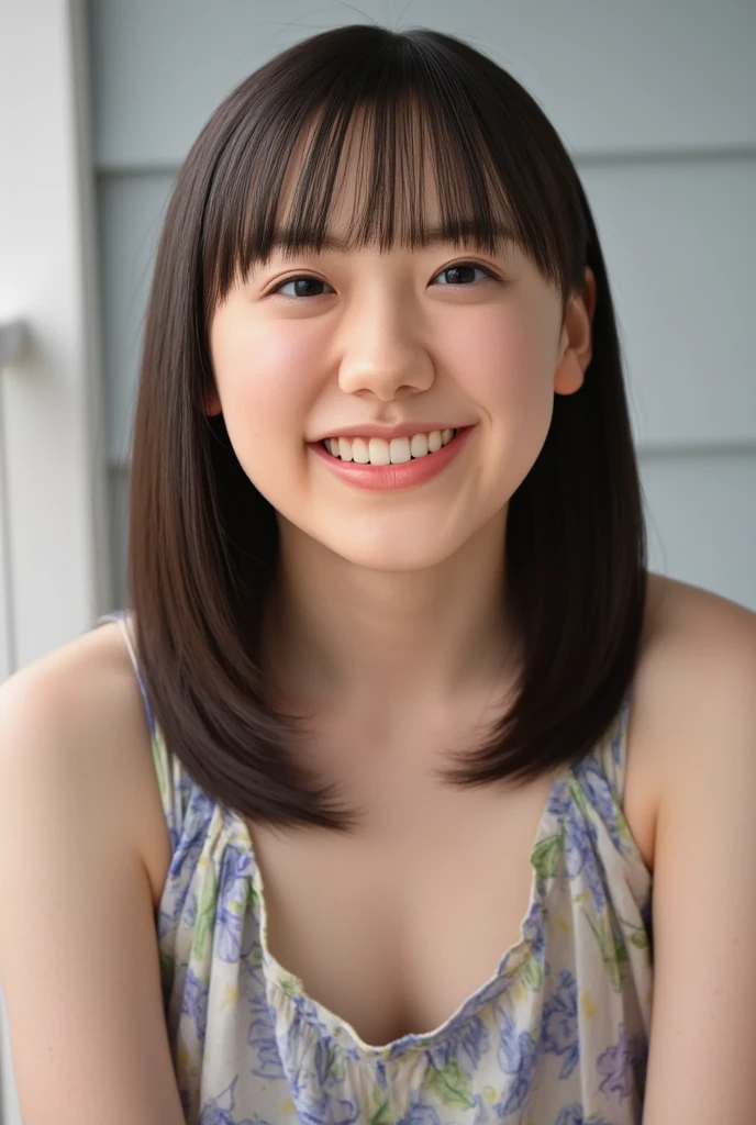 masami nagasawa、Japanese、woman、smile、(Nude),(just),(neked),Observe the audience、University garden、bangs、20-year-old、Low Twintails、Small eyes、round face、Small Mouth、Small areola、Pleated skirt