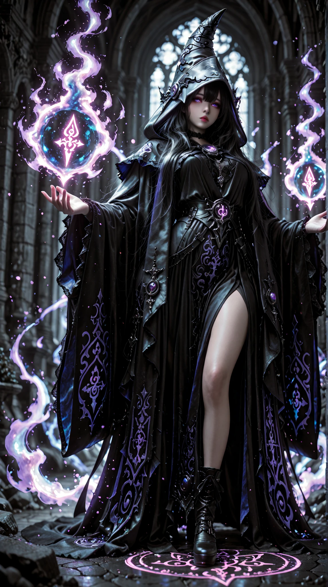 High resolution ultra detailed photography, an Asian Native American mixed race woman with tall height, woman floating in the lotus position in the air, clothing bioluminescent dress in the gothic fantasy style with high heels boots, photo background is a gothic tarot card bioluminescent, photo mood gloomy dark, Body and face of Asian Native American multiracial woman ultra realistic detailed high resolution render, Model Long legst, Pose flying lotus pose