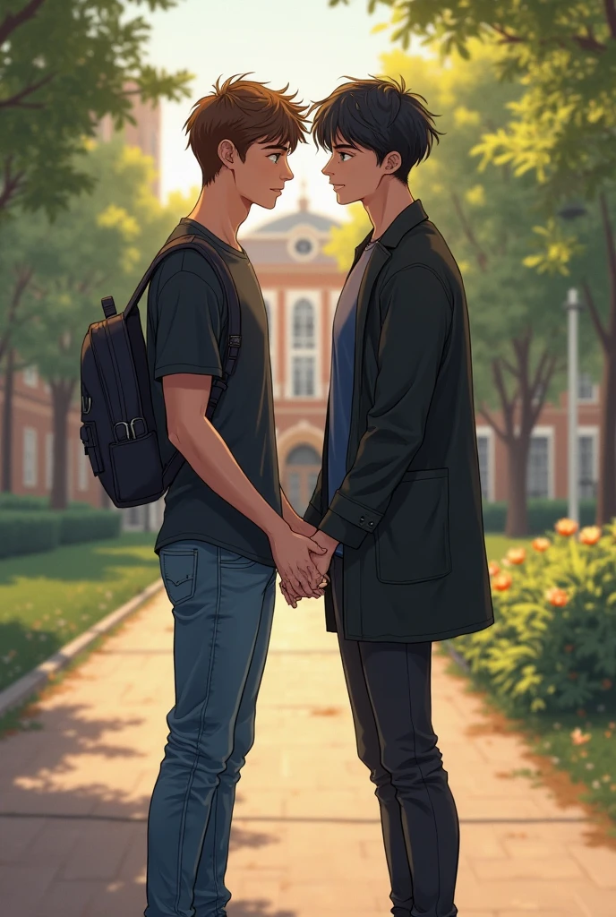 Two young men stand at the school gates on their last day of high school. They share a tight, emotional hug, with a mix of excitement and sadness in their expressions, signifying a deep, lasting friendship.