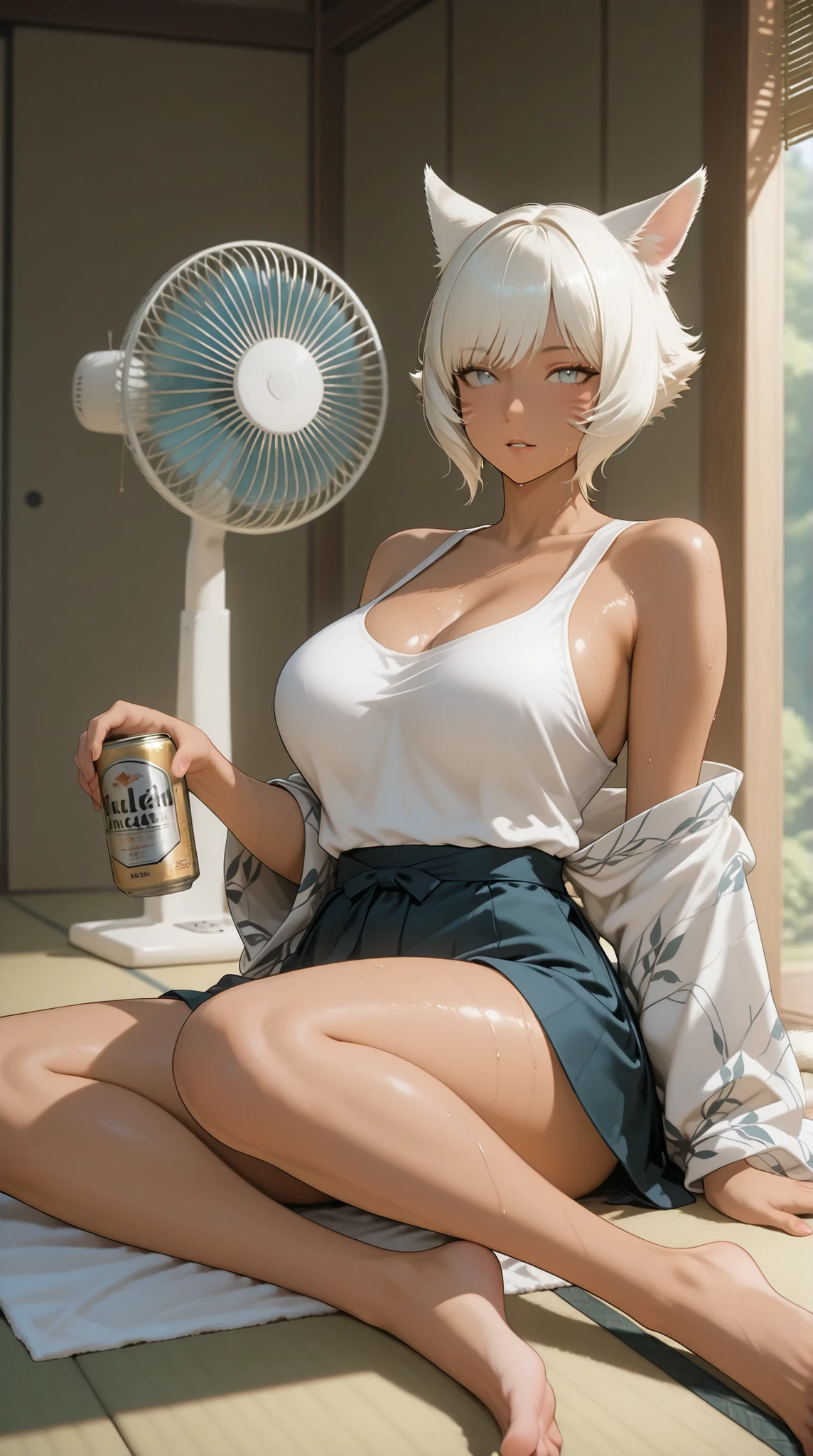 (only one woman:1.4), beautiful busty cat-eared woman lying or sitting in various relaxed poses in a traditional Japanese tatami room, inspired by Y’shtola, white-blonde voluminous bob cut, glowing feline blue eyes, flushed cheeks, cat ears visible above hair, no human ears,
wearing a loose tank top or thin yukata, fabric slipping off shoulder, no bra, large soft breasts gently resting, skirt lifted revealing upper thighs, sweat glistening on smooth skin, bare feet, laid back in a dazed, relaxed pose, sometimes sitting on a floor chair (zaisu), sometimes spread out lazily on the tatami floor in 大の字 posture,
holding a beer can loosely, gently smiling, hair tousled by a blowing electric fan, soft parted lips, exhaling slowly, glowing skin in warm sunlight, cat tail flicking lazily,
traditional Japanese room with open shoji, light filtering in through bamboo screen (yoshizu) on the veranda, view of summer garden with green trees, heat haze in background, cicadas buzzing, wind chimes ringing, discarded clothes and towel nearby, soft cinematic lighting, ultra detailed, anime-style, 8k
