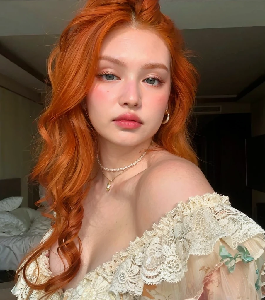 Redhead woman looking up.