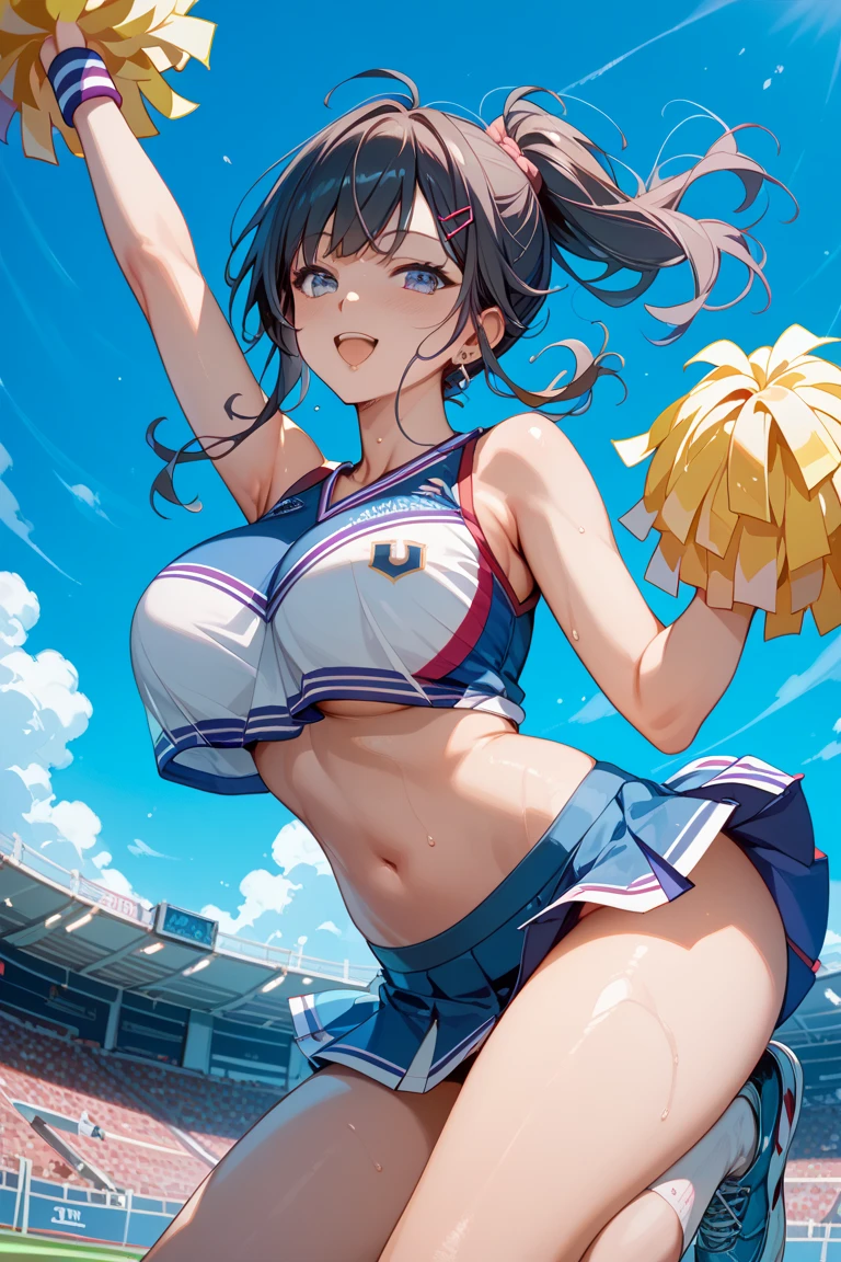 one woman,high school girl,big breasts,Belly exposure,highest quality,Super high quality,Cute face,cheerleader,Cheerleader,underboob,Breasts fully visible,sweat all over,nipples are visible,Angle from directly below,erect nipples,I'm rubbing my,
