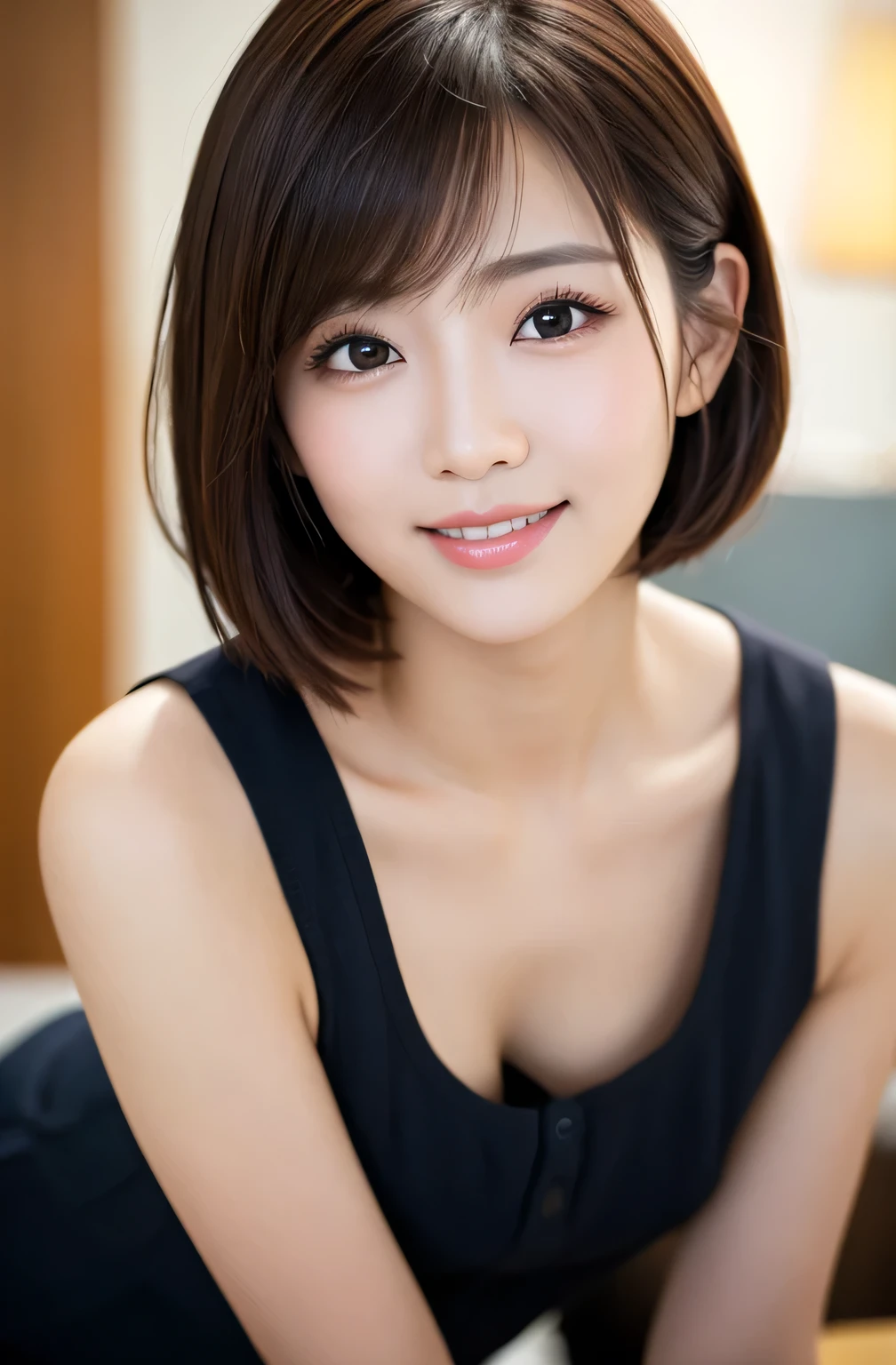 (masterpiece)、(highest quality:1.5)、(16k wallpaper:1.2)、(Photorealistic:1.2)、(Ultra-detailed:1.2)、(超A high resolution:1.2),(Surreal), (High resolution), (Very detailed), (Professional), (Realistic), (Post-processing), (Very detailed),(Sharp focus), Sharp focus:1.2,Photorealistic, Ultra-realistic, Backlight, Bright light, (Improvement of quality:1.4), Healthy thighs、Narrow waist、Big Ass、(Beautiful legs)、((Perfectly detailed five-fingered hands)),(Anatomically correct body)、((1 female:1.4))、Japanese、Asian、Realistic Skin、(Small chest:1.4),Pretty woman with perfect figure:1.4,(from the front:1.5), (Enhances the beauty of skin texture:1.1), (Beautiful fine details), (Detailed face),Beautiful realistic face,No makeup、美しいBlack Hair、Super Beauty、The best smile、Natural color lip、Even bangs、Hide eyebrows with bangs、((29-year-old woman))、Bob Hair、Hair blowing in the wind, (Black Hair, Iris, Watery eyes, Shining Eyes, Short bob cut hair, Small earrings, Lightly reddish), Hair behind the ear、No makeup、(Drooping eyes)、Drooping eye corners、Professionalのカメラマンが撮影した写真,1 girl,
Cute Smile.whole body、